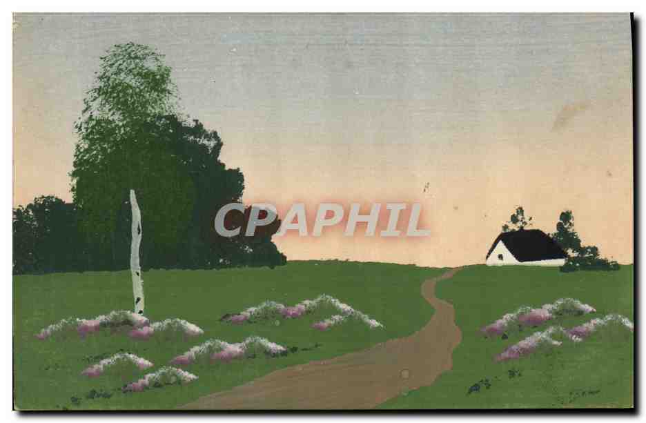 Paysage rural avec chemin et maison — carte postale peinte à la main — M. M. Serie 419