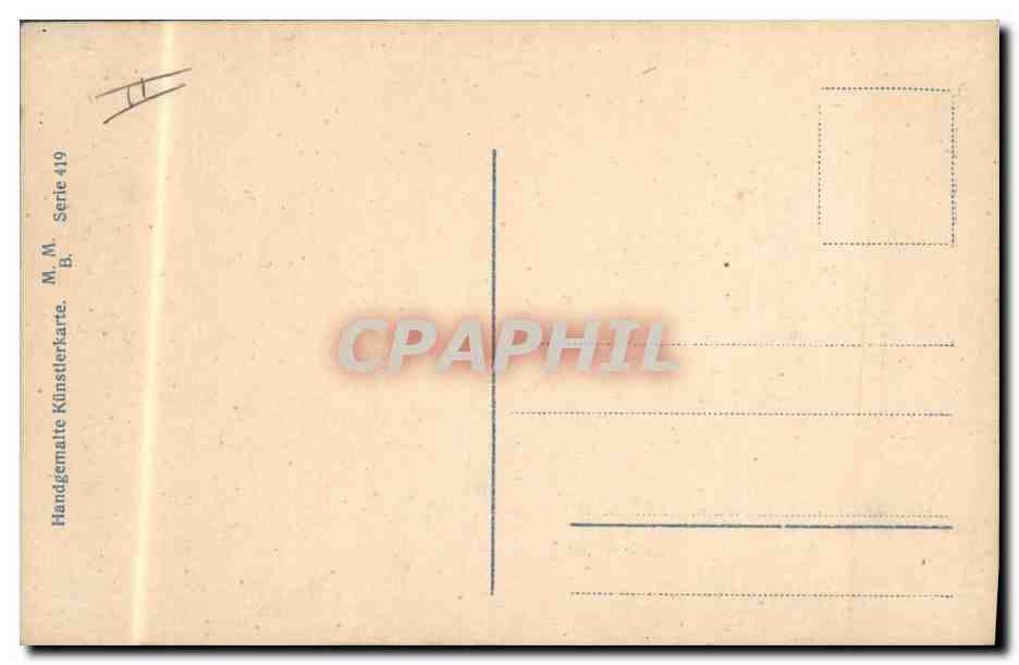Paysage rural avec chemin et maison — carte postale peinte à la main — M. M. Serie 419 — Verso