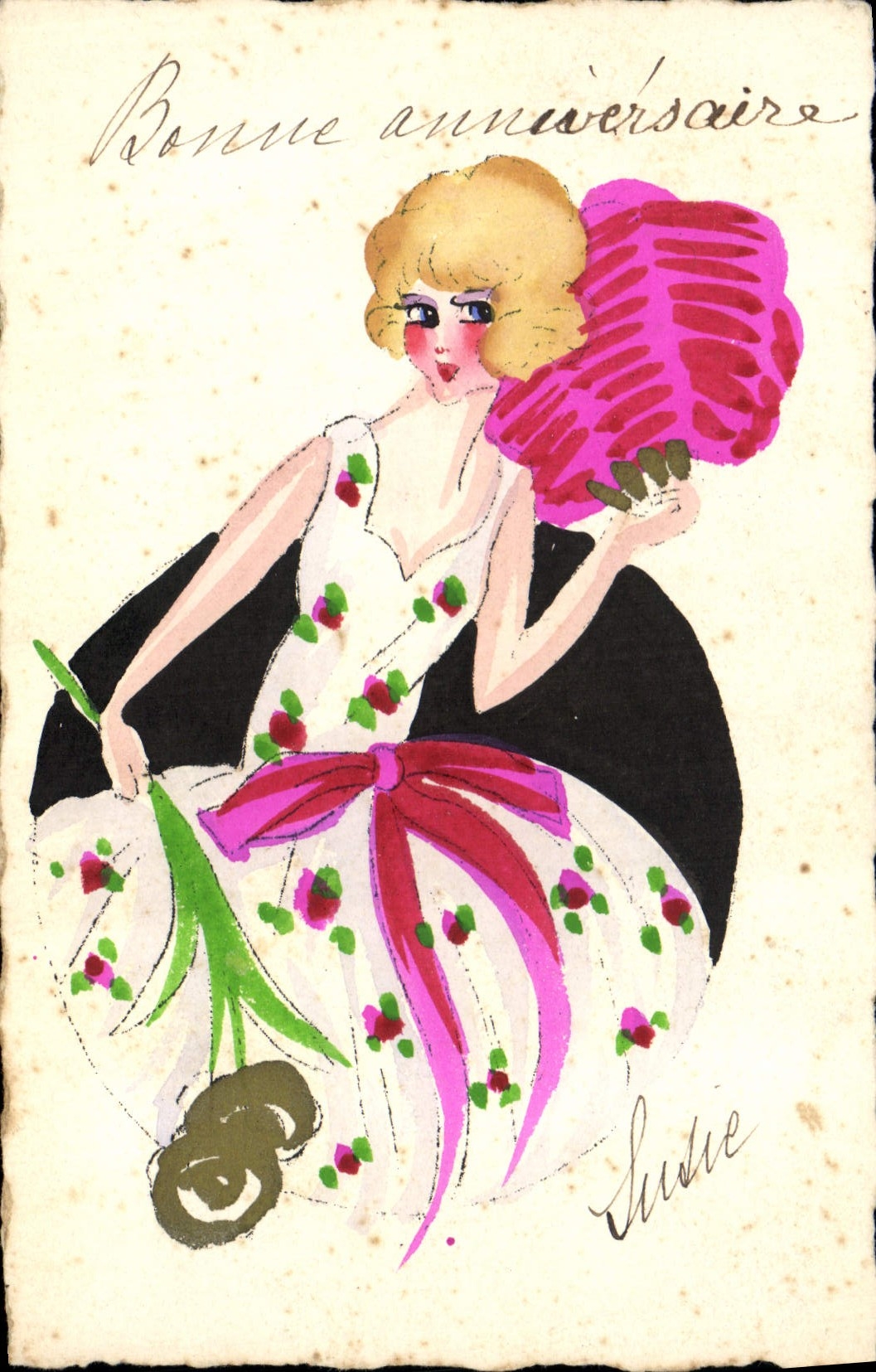 Femme en robe fleurie — anniversaire — signature 'Ludie'