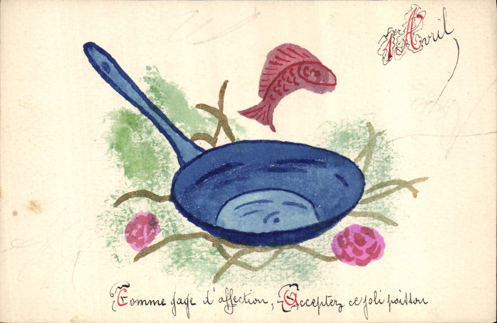 Poisson dans une poêle — illustration humoristique — éditeur non identifié