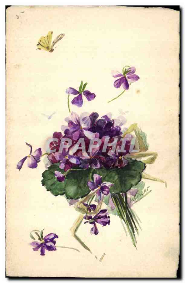 Bouquet de violettes — dessin à l'aquarelle — signé 'W. LEBERT' — éditeur non visible
