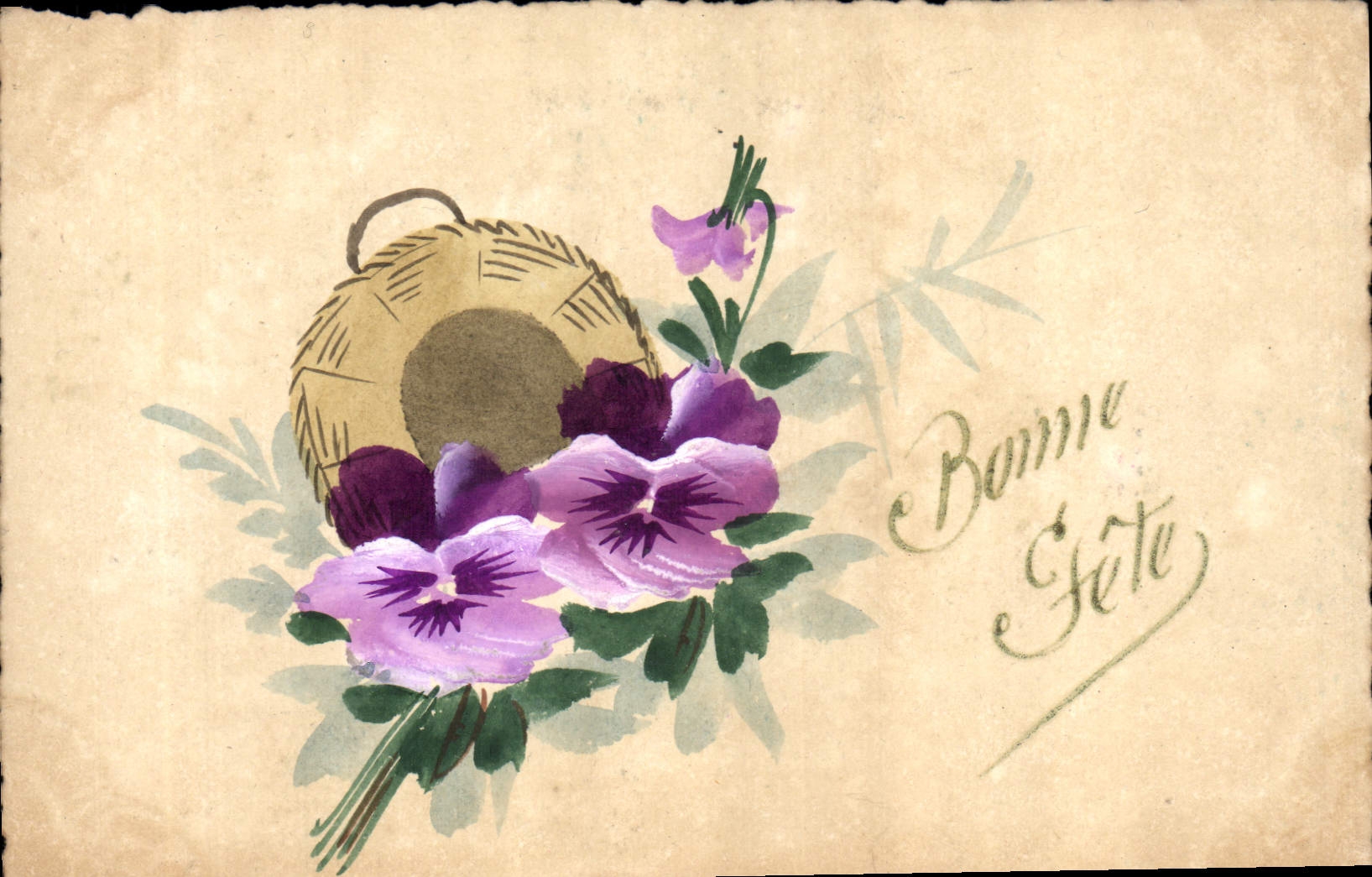 Flores de pensamiento en un cesto — Feliz cumpleaños — Tarjeta postal