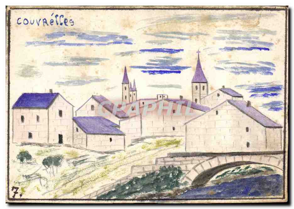 Couvrétes — vue du village avec église et pont — dessin à l'encre et crayon