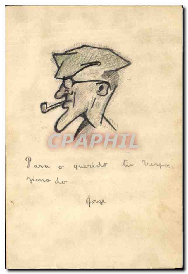 Portrait caricatural d'un homme en casquette et pipe — dessin à la mine — dédicace à 'tio Verpa' par 'Fábio'