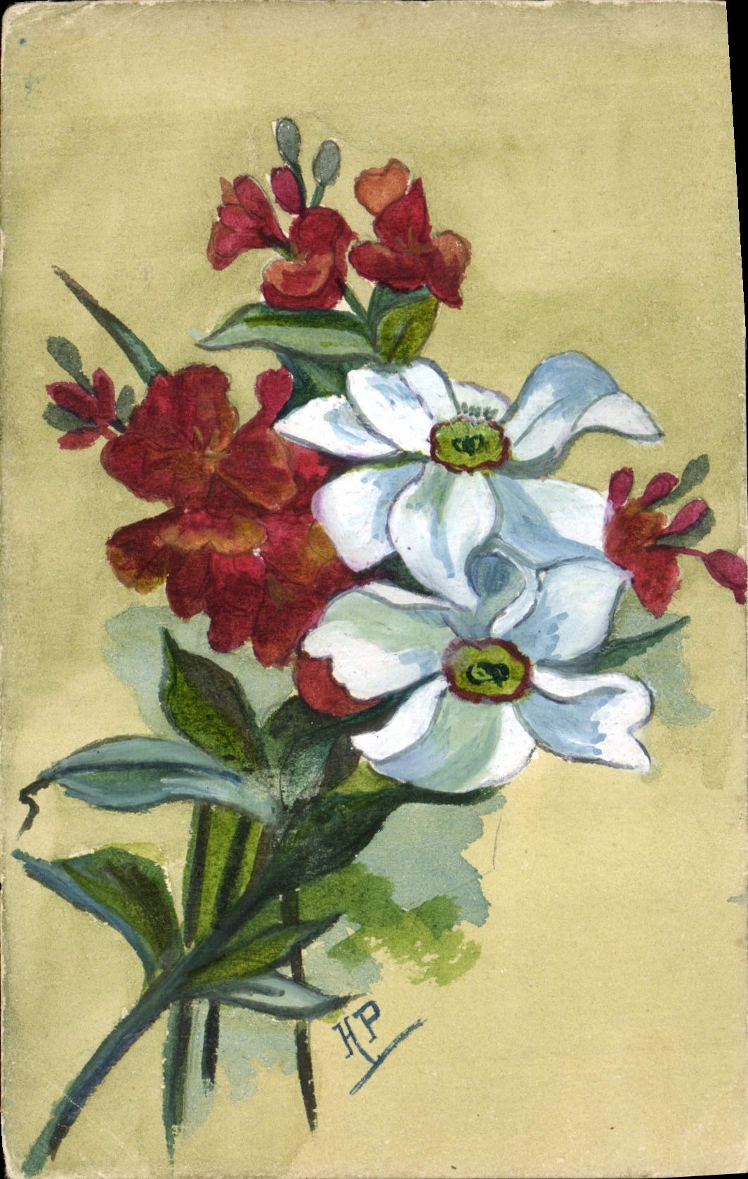 Bouquet de fleurs — peinture à l'aquarelle — signature HP