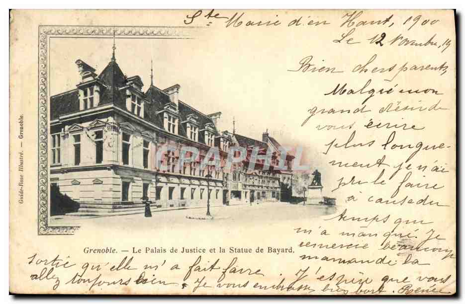 CPA Grenoble Le Palais de Justice et la Statue de Bayard 