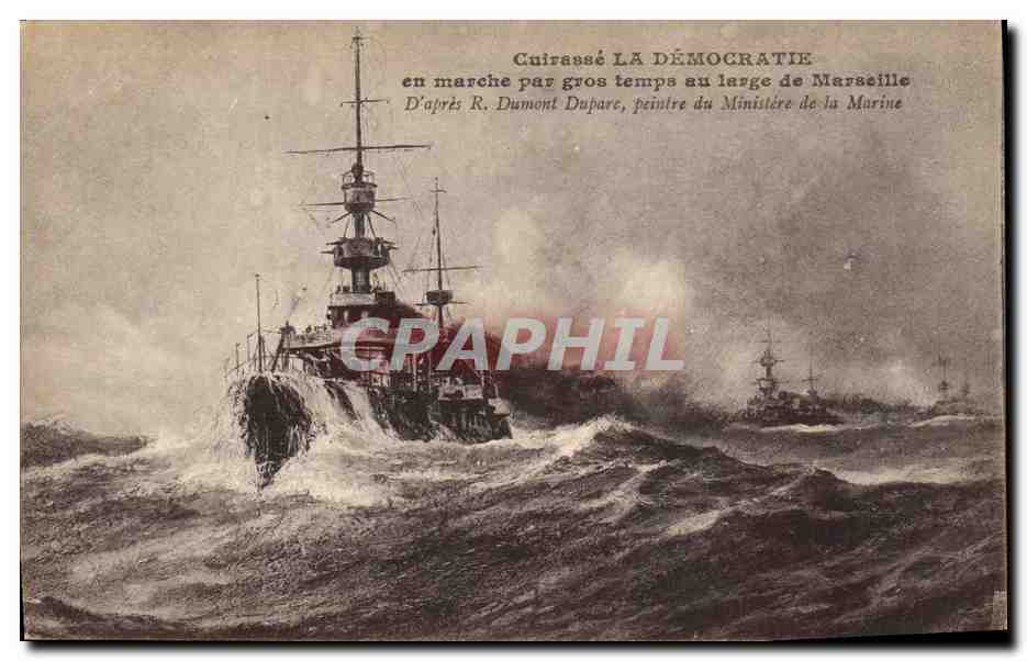 Cuirassé LA DÉMOCRATIE — en marche par gros temps au large de Marseille — D'après R. Dumont Duparc, peintre du Ministère de la Marine