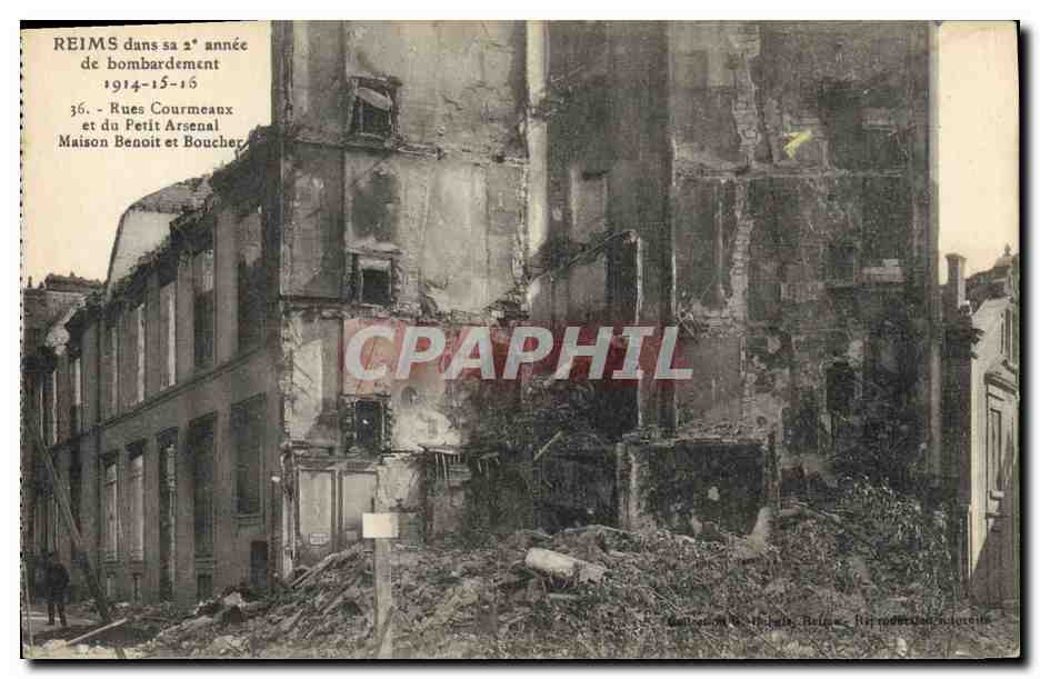 CPA Militaria Reims dans sa deuxieme annee de bombardement 1914 15 16 Rues Courmeaux et du Petit Ars