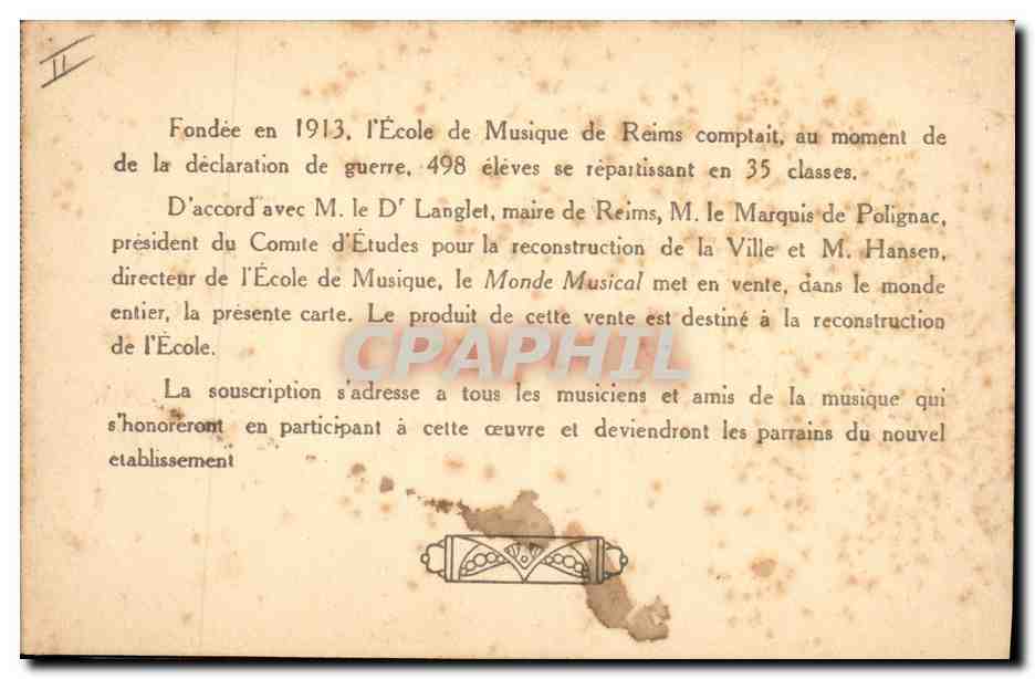 CPA Militaria 1913 Ecole de musique de Reims  — Rückseite