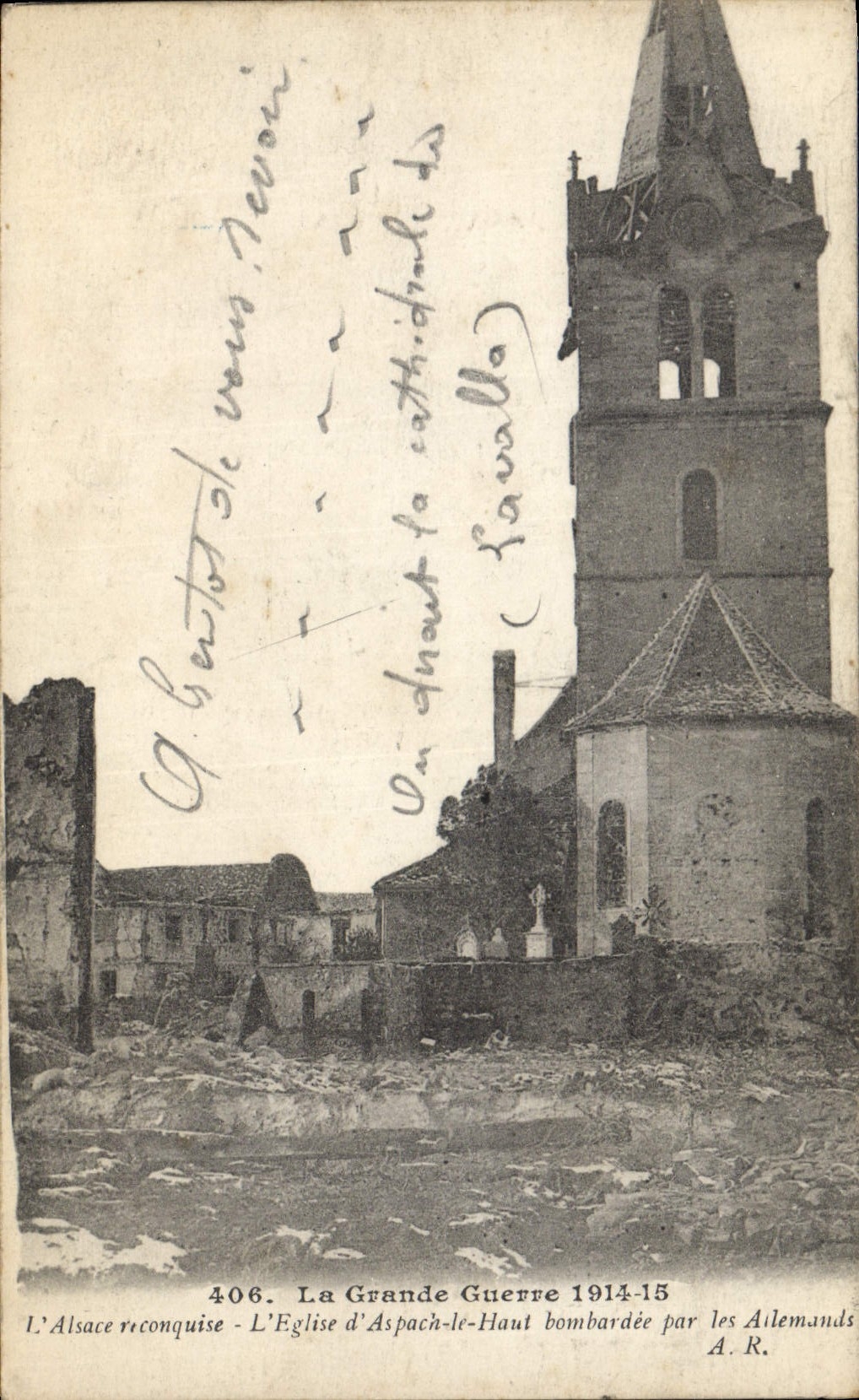 L'Alsace reconquise - L'Église d'Aspach-le-Haut bombardée par les Allemands — A.R. n°406