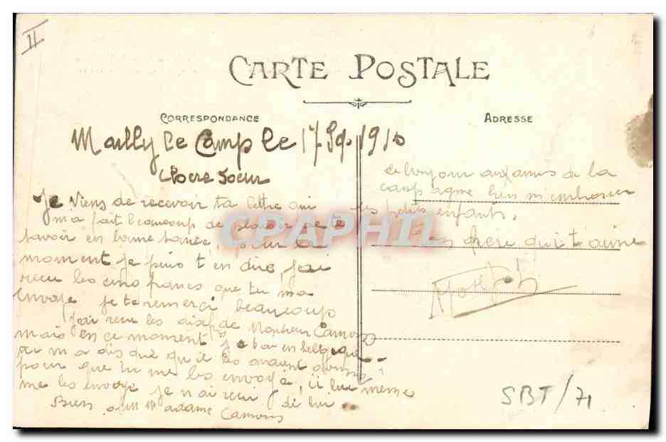 Maily-le-Camp — Un Coin de la Rue de la Gare détruit par les obus incendiaires, 9 Septembre 1914 — éditeur non visible — Verso
