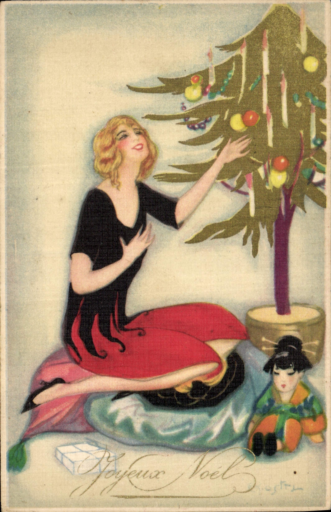 Femme décorant un arbre de Noël — éditeur Fratini & Ballerini, n° 252