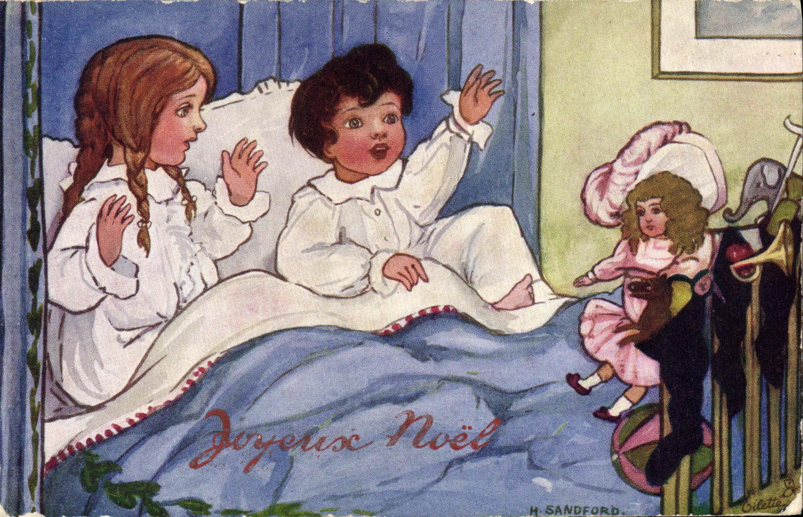 Deux enfants dans leur lit — Noël — H. Sandford