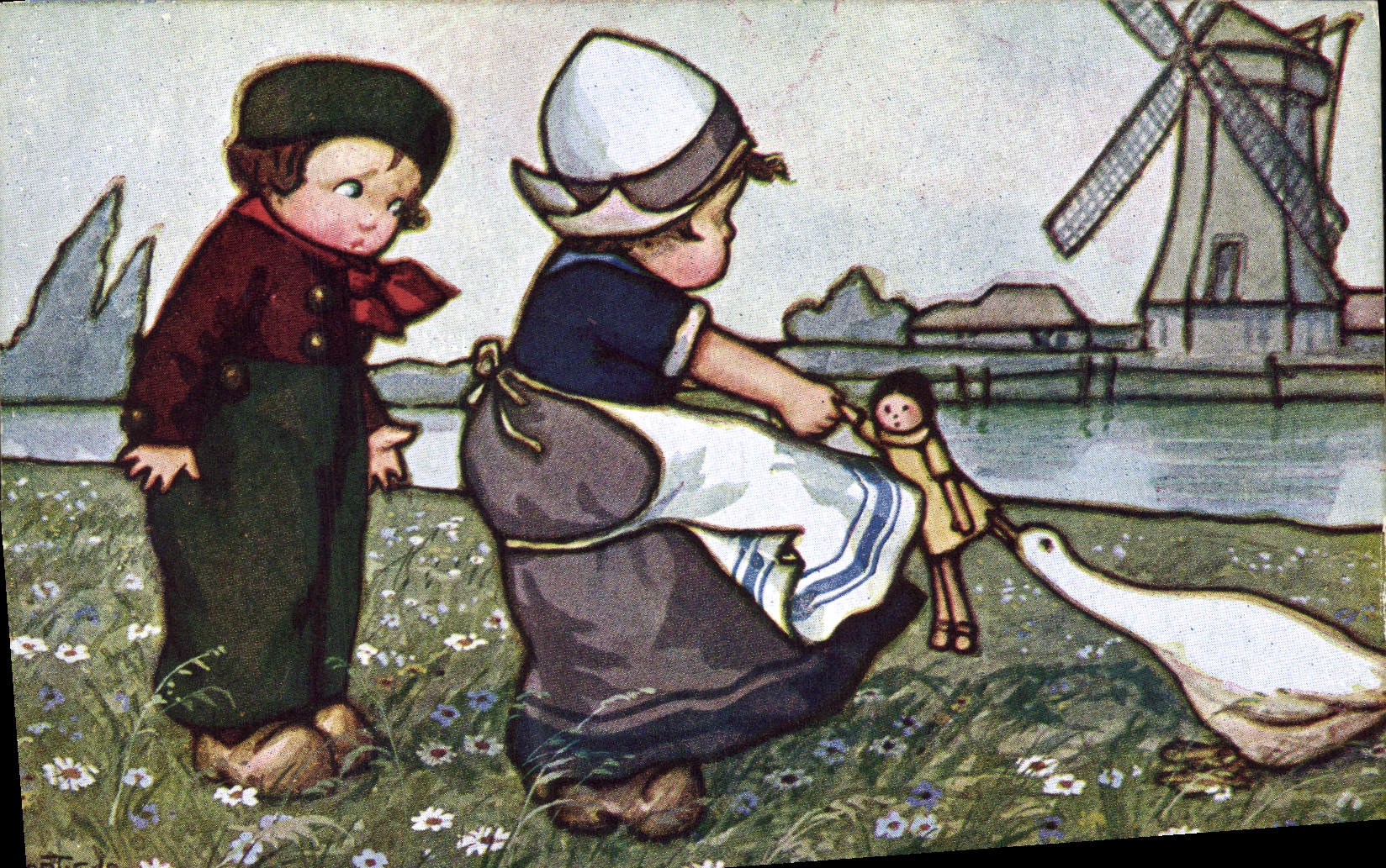 Enfants jouant avec une oie et une poupée — Paysage avec moulin à vent — Éditeur Stampata, n° 1053-4
