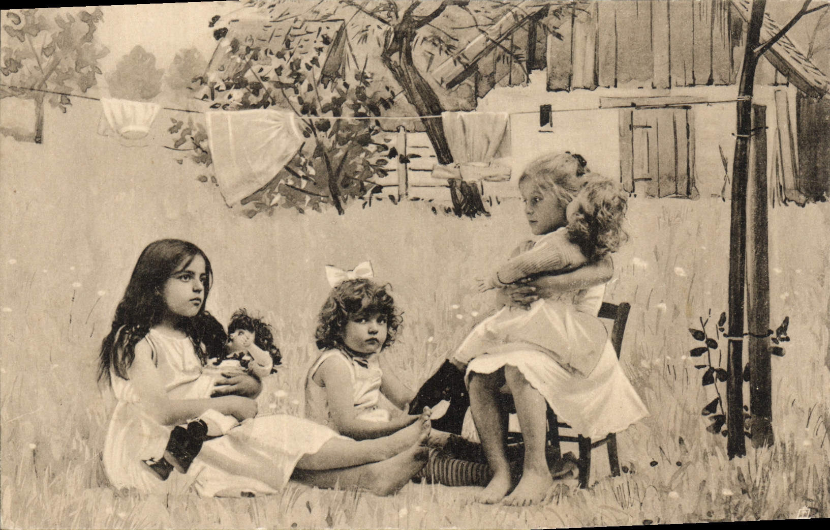 Trois jeunes filles jouant avec des poupées dans un jardin — éditeur Raphael Tuck & Sons, série 484