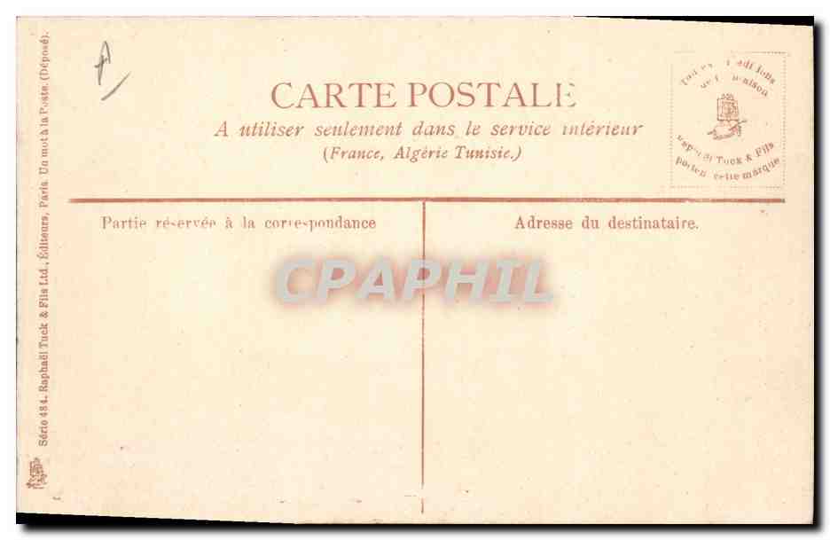 Trois jeunes filles jouant avec des poupées dans un jardin — éditeur Raphael Tuck & Sons, série 484 — Verso