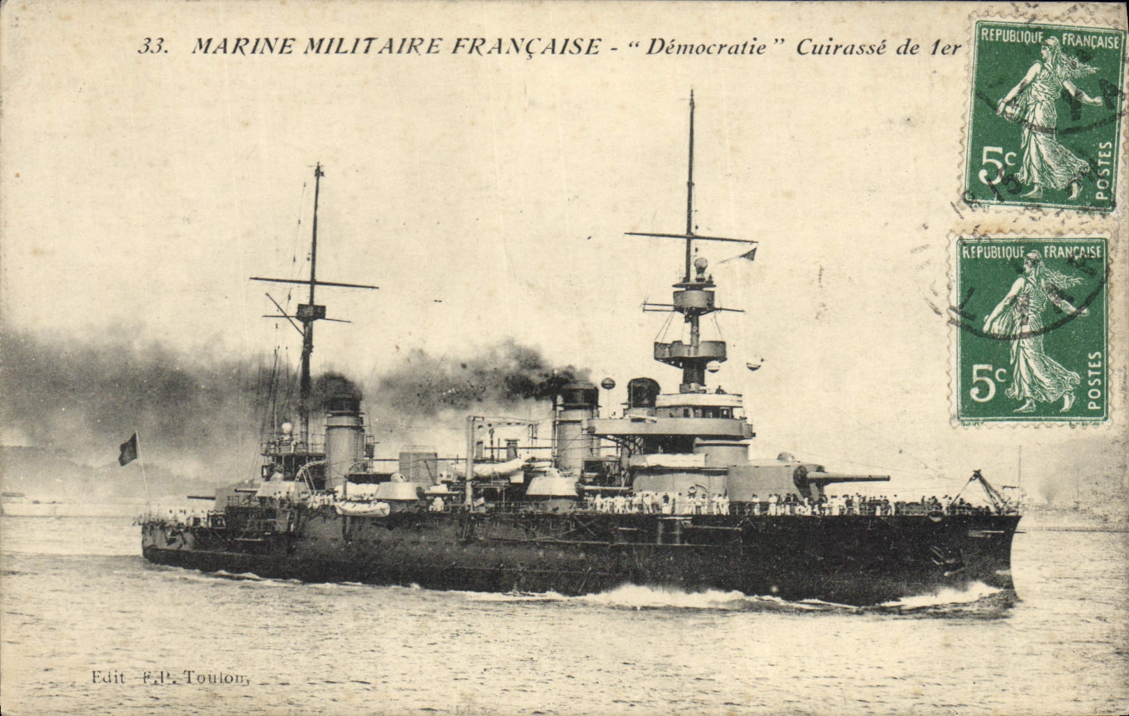 Marine Militaire Française - "Démocratie" Cuirassé de 1er — Edit. F.A. Toulon, n°33