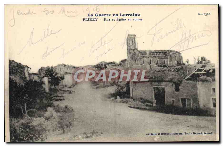 Flirey - Rue et Église en ruines — La Guerre en Lorraine — Verdalle et Briquet, Toul - Reprod. interd.