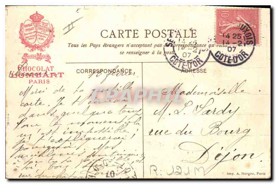 CPA Folklore Les dentelles Le Puy Vue generale Chocolat Lombart Chat — Verso