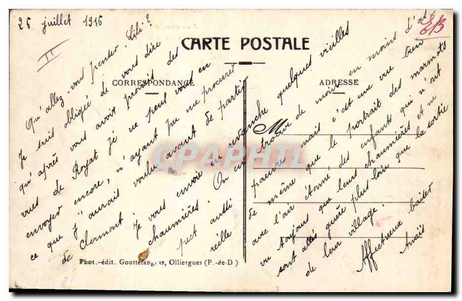 Vieilles Chaumières — Auvergne — Phot.édit. Gouttefange, Olliergues (P.-de-D) — n° 1003 — Verso