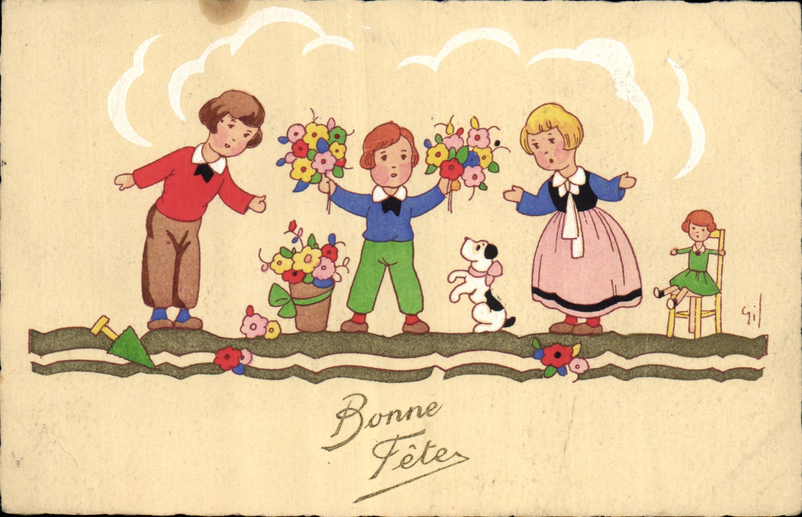Enfants avec fleurs et chien — Bonne Fête — Gil