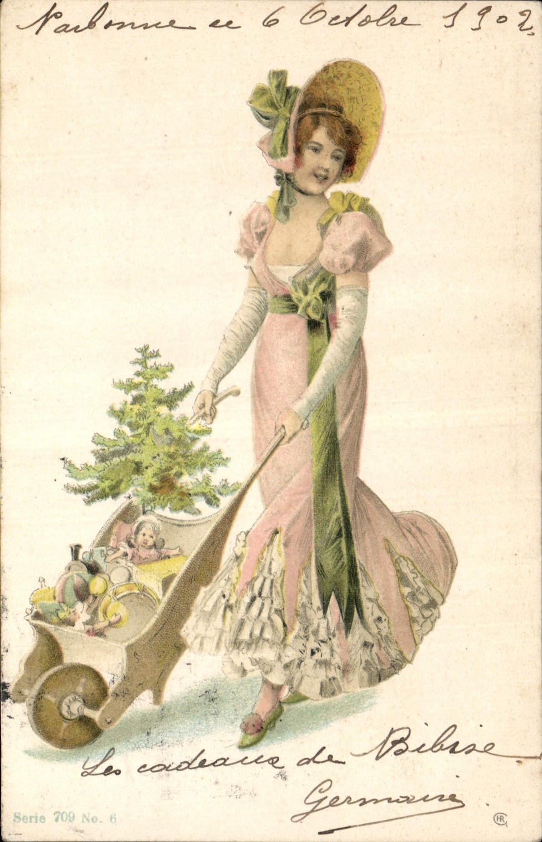 Femme en robe rose poussant un chariot avec sapin de Noël — Série 709 No. 6 — Bibise, Germaine
