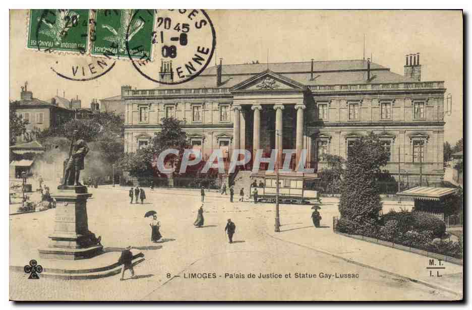 CPA Palais de justice et statue Gay Lussac Limoges Tramway