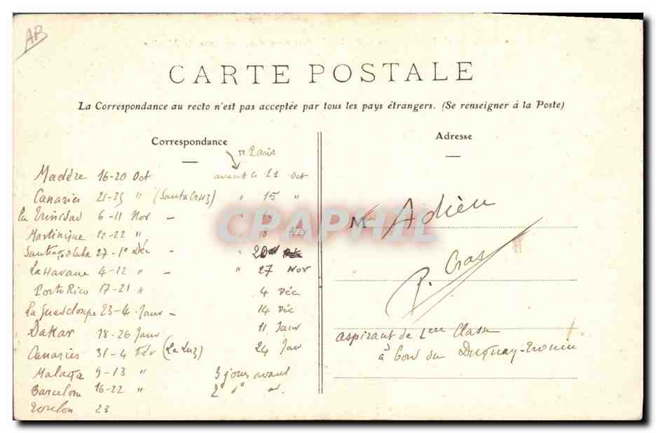CPA Bateau de guerre Duguay Trouin Ecole d'application des aspirants de Marine — Verso