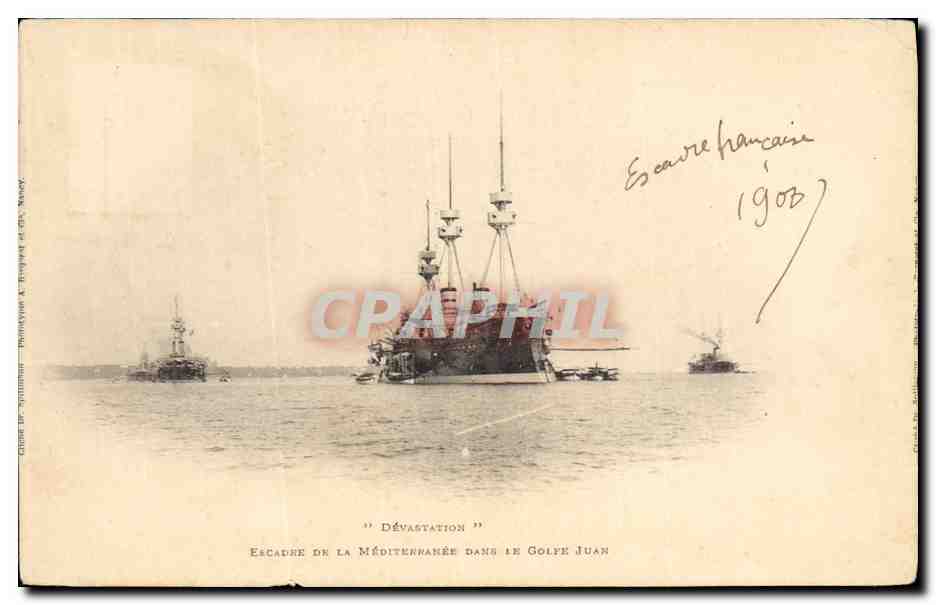 Tarjeta postal antigua Buque de guerra Devastation Escuadra del Mediterráneo en el Golfo de Juan