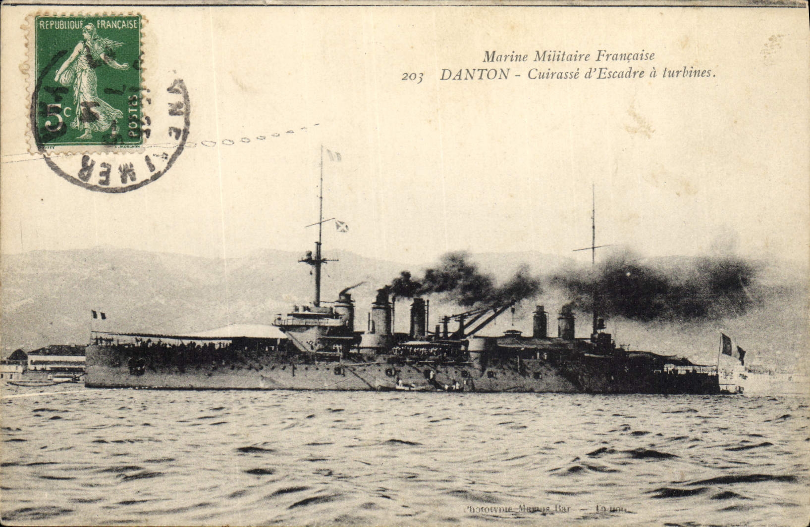 DANTON - Cuirassé d'Escadre à turbines — Marine Militaire Française — Phototypie Marius Bar