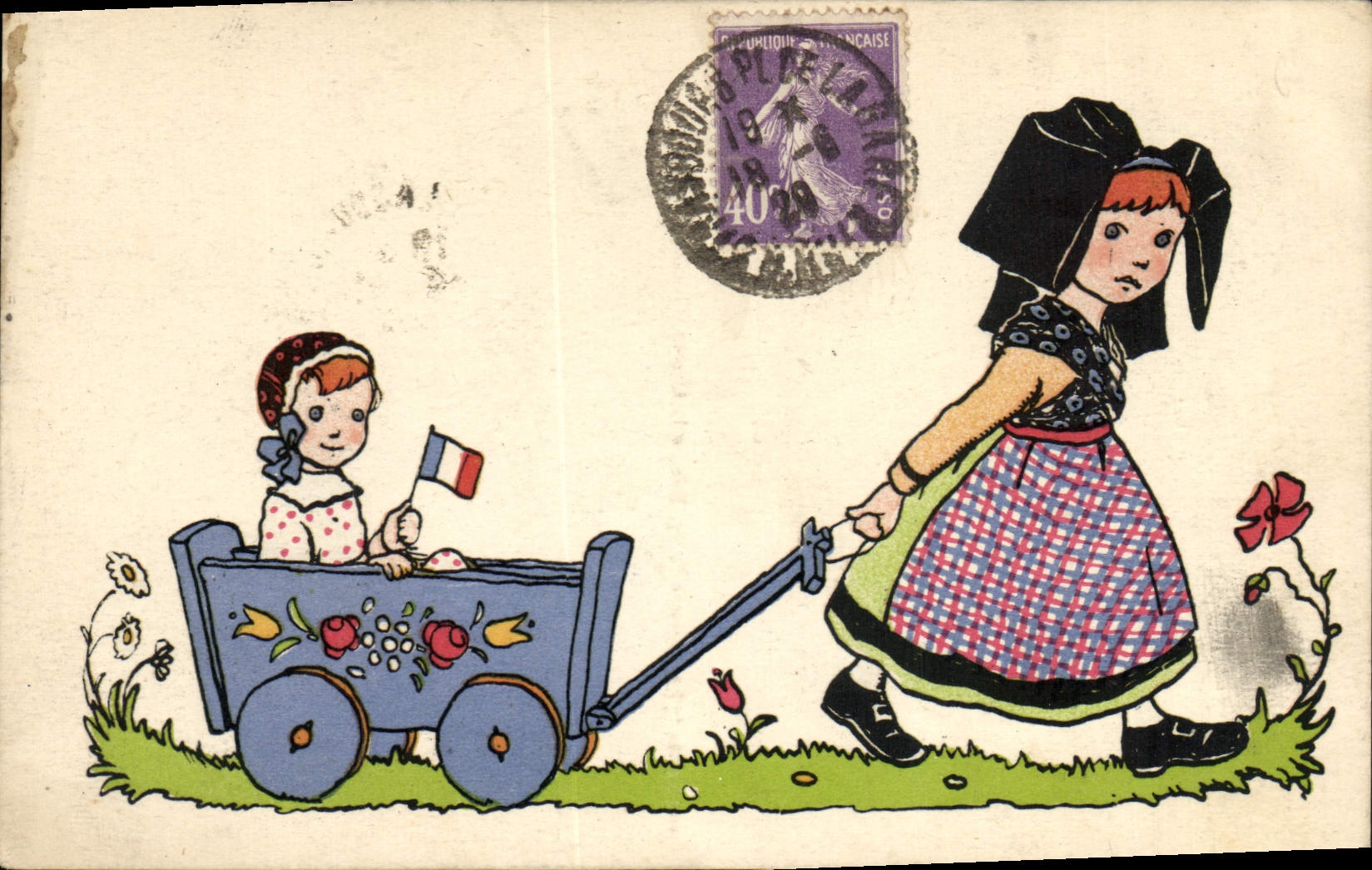Fille en costume traditionnel tirant un landau — éditeur Carte Postale Romains