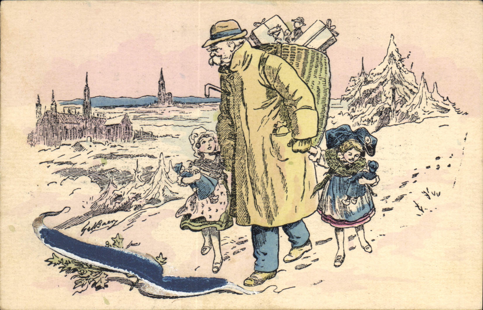 Paysage hivernal avec père et deux enfants — Gelfberg — Clément, 13 Rue St-Merri, Paris, imp.-éd't.