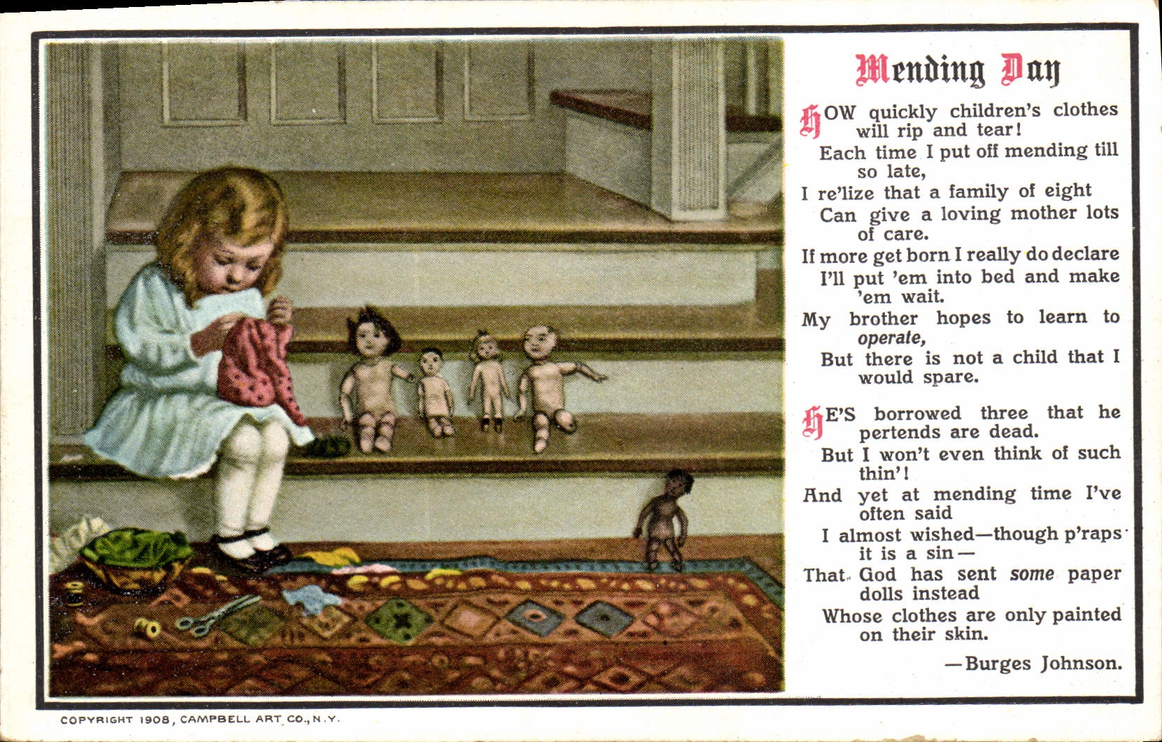 Fille cousant — Mending Day — Campbell Art Co., N.Y.