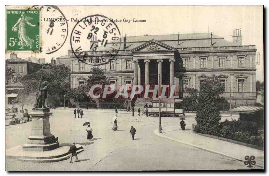 CPA Palais de justice et statue Gay Lussac Limoges Tramway
