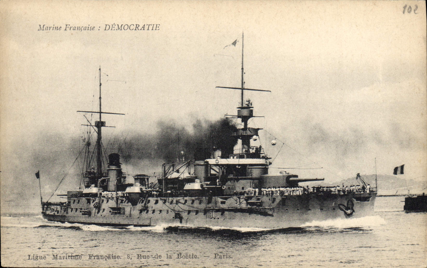 Bateau de guerre français — DÉMOCRATIE — Ligue Maritime Française, 8 Rue de la Boëtie, Paris