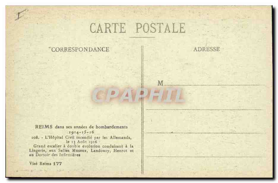 CPA Militaria Reims L'hopital civil incendie par les Allemands  — Rückseite