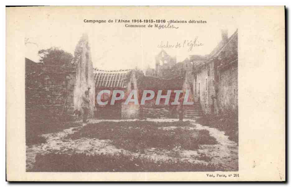 Campagne de l'Aisne 1914-1916 — Maisons détruites — Commune de Ménil-en-Gohelle — cliché de l'église — Viné, Paris, n° 201