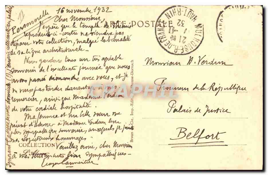 CPA Palais de justice Mulhouse Tribunal regional  — Verso