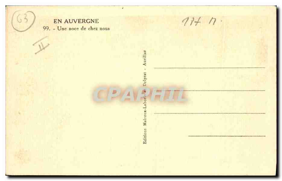 CPA Folklore Auvergne Une noce de chez nous Mariage — Verso