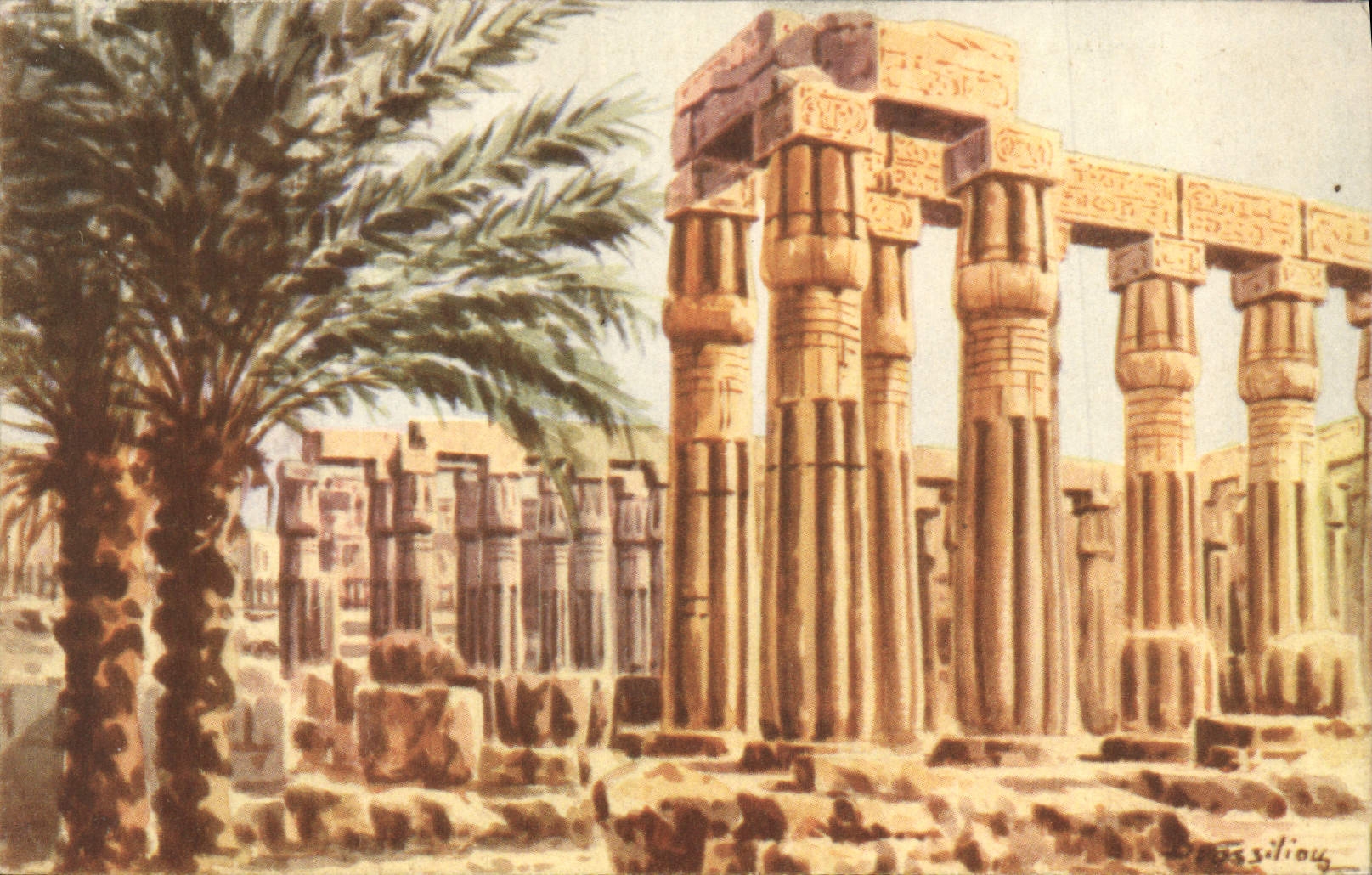 Säulenreihe des Amun-Tempels in Luxor — Zeichnung von Fassilious — Verlag Lehnhert & Landrock, Serie Nr. 102