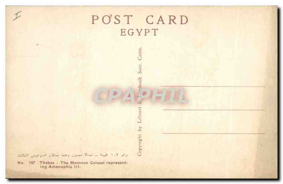 Les Colosses de Memnon à Thèbes — Égypte — Éditeur Lennert & Handrock, Caire, n° 107 — Verso