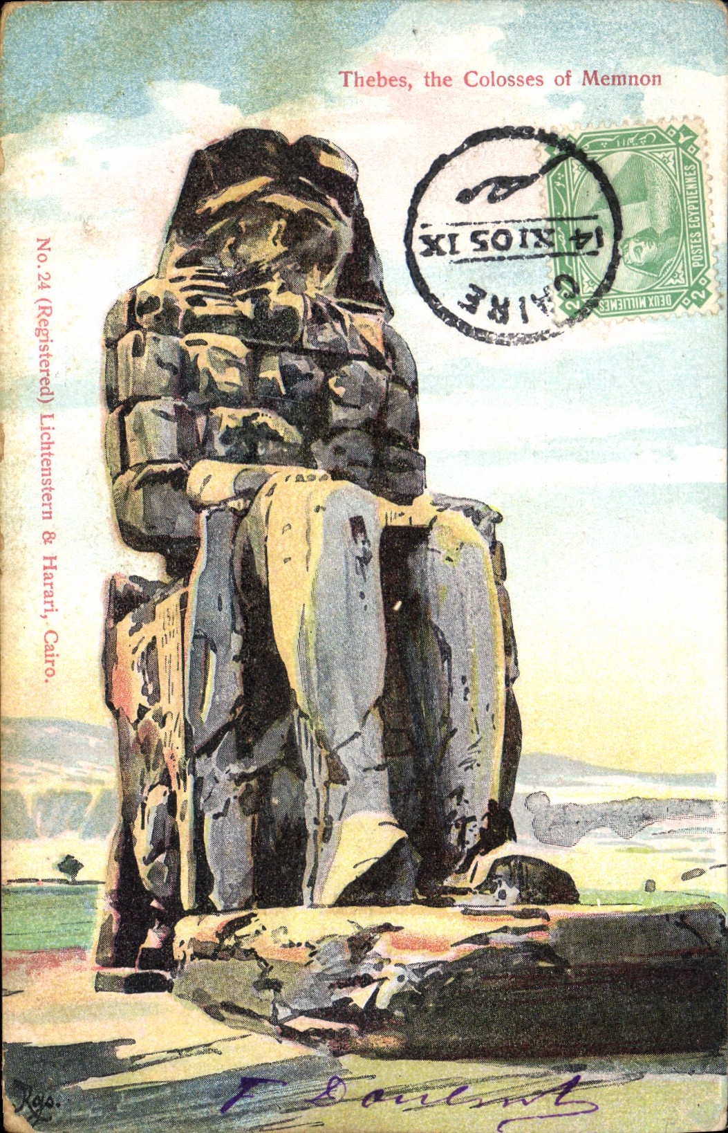 Die Colossen von Memnon in Theben — Verlag Lichtenstein & Harari, Kairo, Nr. 24 (Registriert)