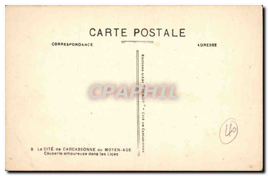 CPA Chateau La Cite de Carcassonne au Moyen Age Causerie amoureuse dans les Lices — Verso