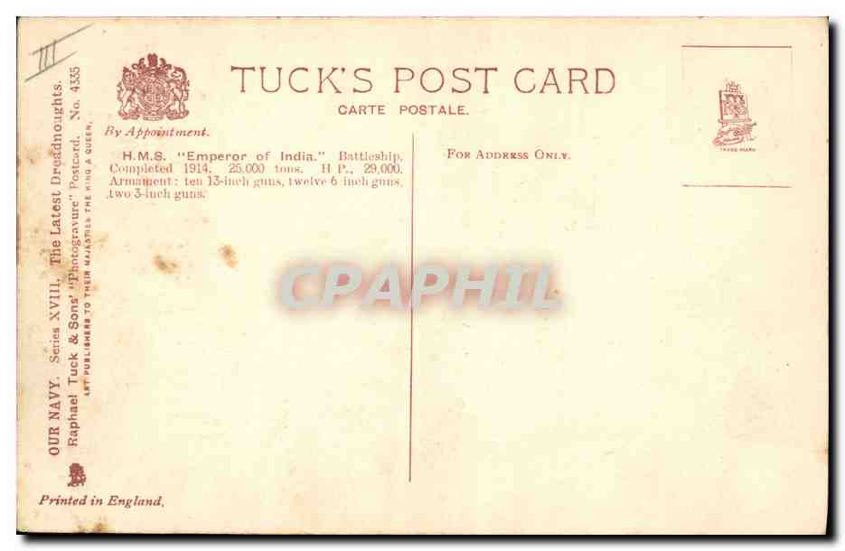 CPA Bateau de Guerre HMS Emperor of India — Verso