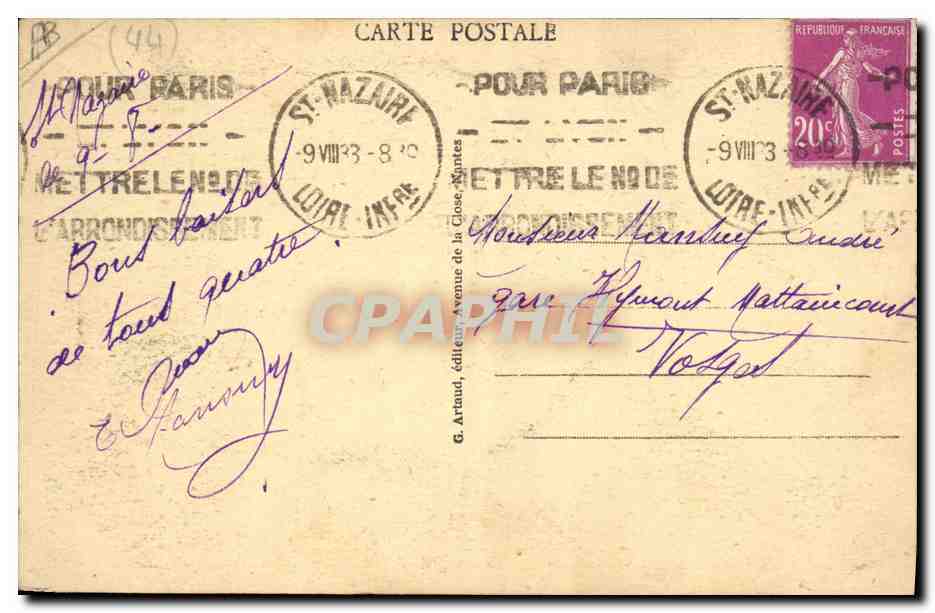 St-Nazaire — Le Croiseur-Mouilleur de Mines "Emilé Bersin" — G. Artaud, éditeur de la Côte-Nantes — Verso