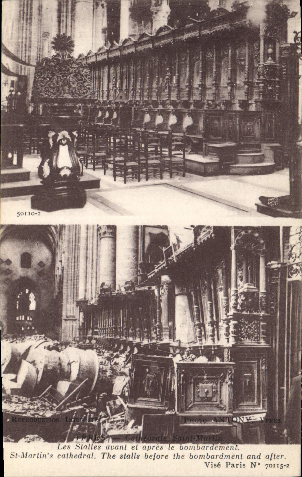 Ypres — Cathédrale Saint-Martin — Les stalles avant et après le bombardement — Photo Antony d'Ypres N° 70110-2 et 70115-2