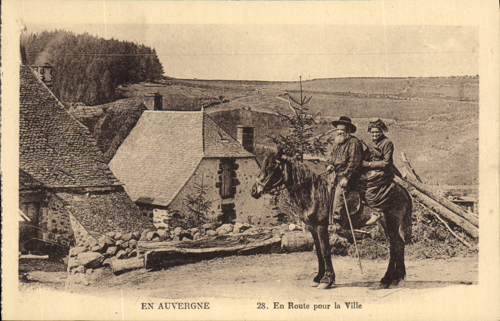 CPA Folklore Auvergne En route pour la ville Cheval