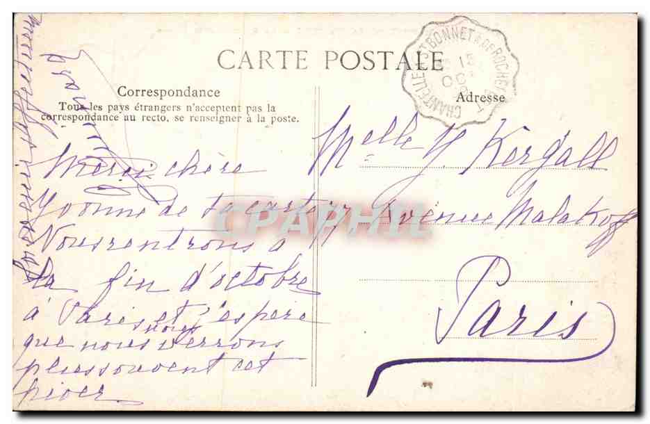 Saint-Bonnet-de-Rochefort — Le Château et la Sioule — éditeur inconnu, n° 1049 — Rückseite
