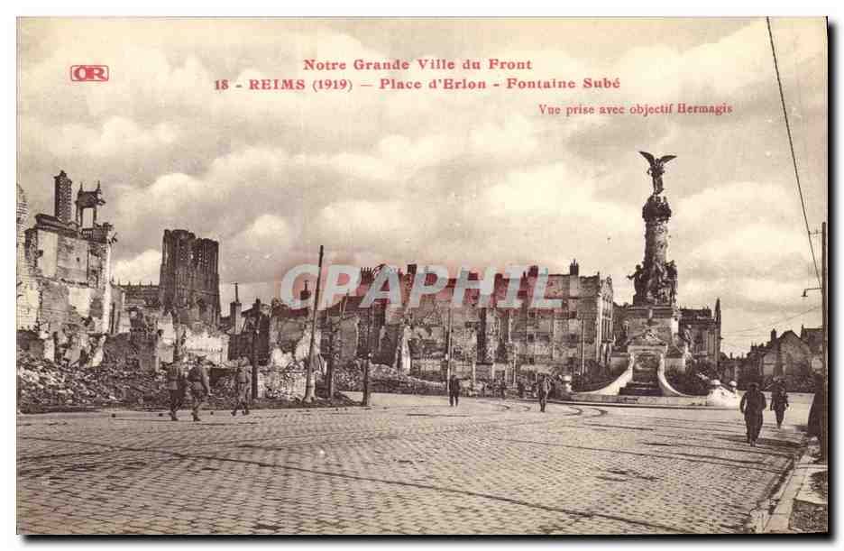 Reims (1919) — Place d'Erlon — Fontaine Subé — Ansicht mit Hermagis-Objektiv