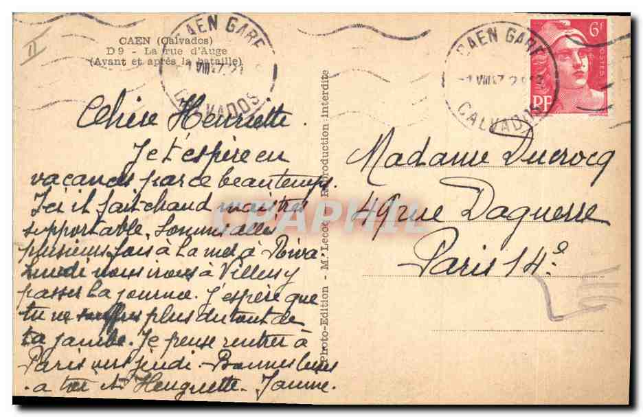 Caen - La rue d'Ange — Vor und nach dem Kampf — Edition M. Lecot — Rückseite